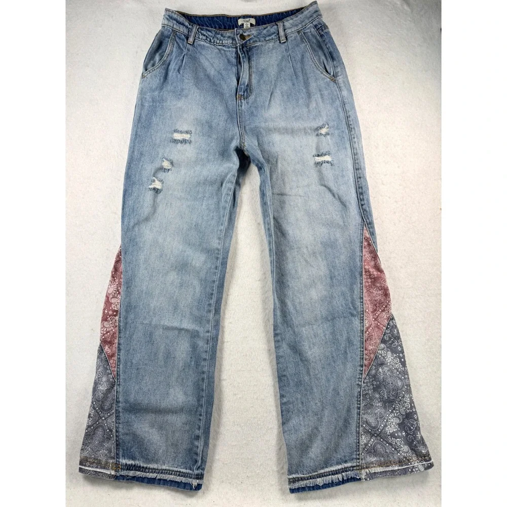 Easel Los Angeles Boho Patchwork Bandana Bell Bottom Jeans Light Wash Size Large